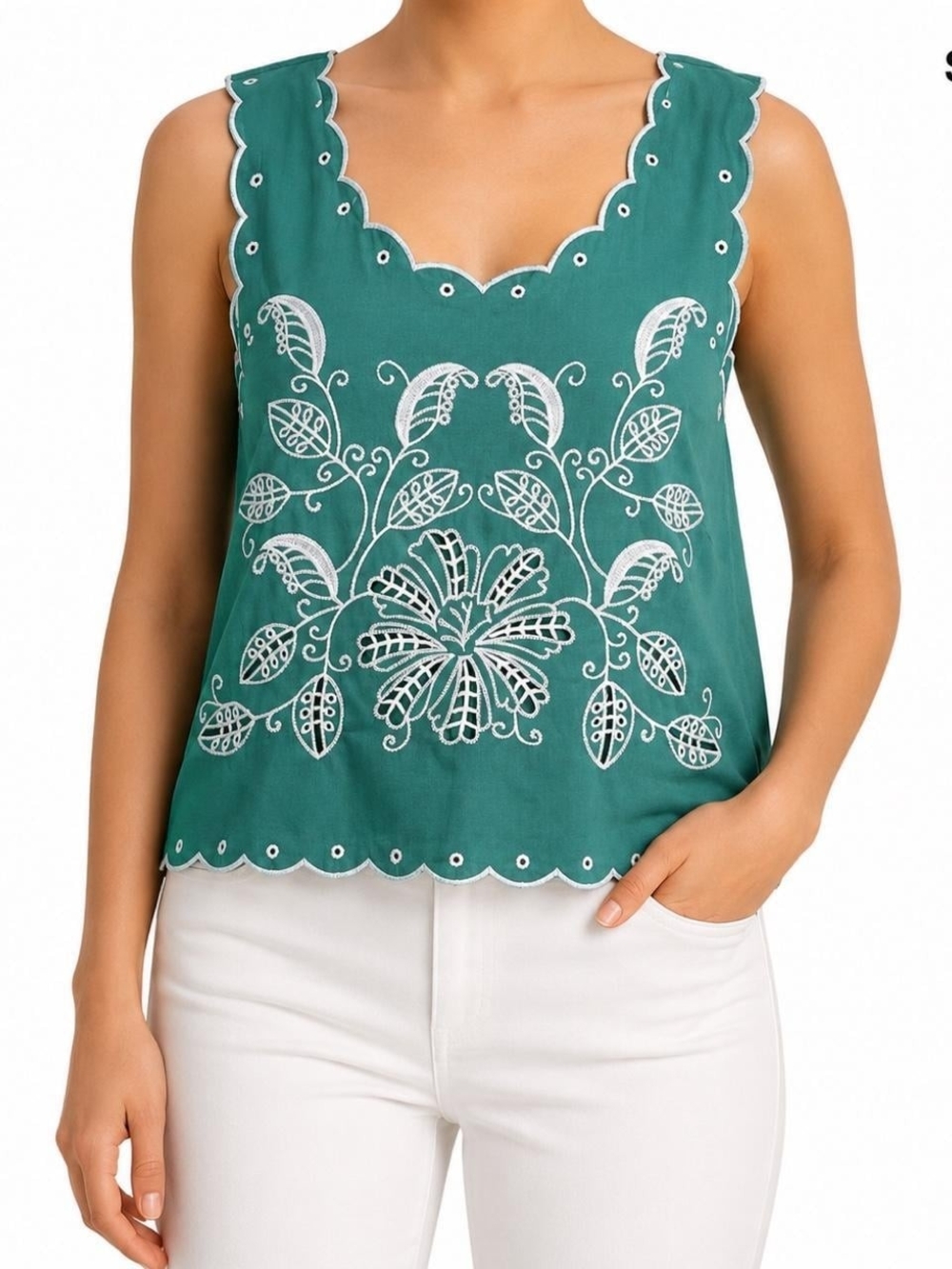 Christian Siriano Teal Embroidered Scallop-Cut Camisole - Picture 1 of 8